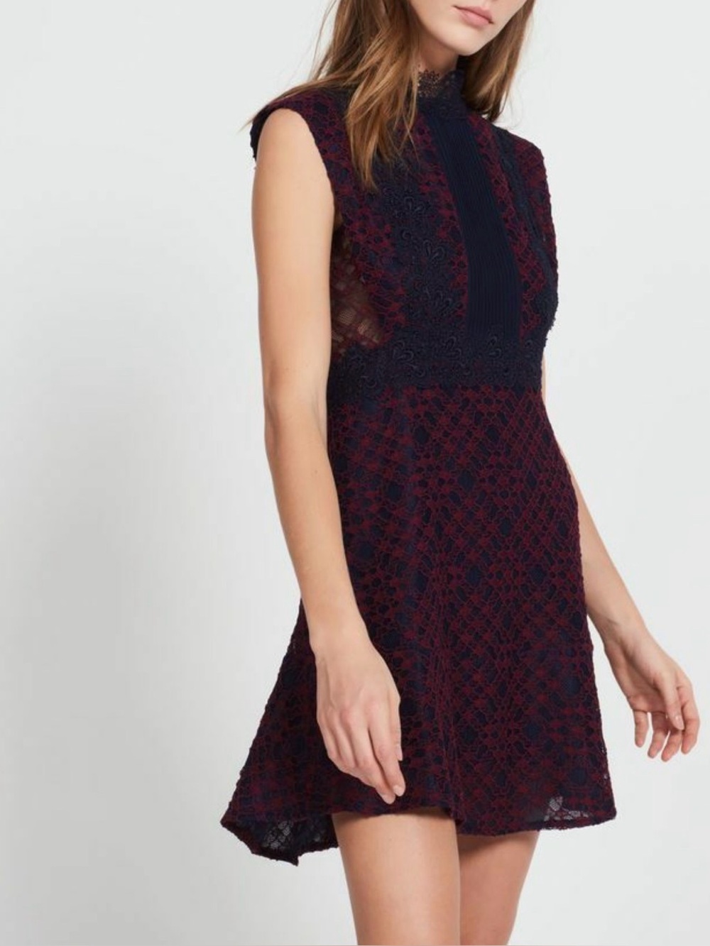 Sandro Blue Red A-Line Mini Dress Flutter Sleeves